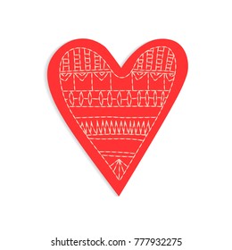 Concept of greeting card for Valentine's Day, February 14. Cute red heart with decorative embroidery.