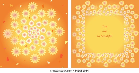 The concept of greeting cards for Valentine's Day. There are cute flowers on a color background.