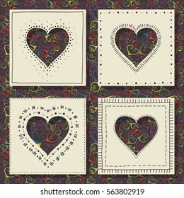 Concept of greeting cards for Valentine's Day, 14 February. Four white paper square with the hole in shape of heart and hand drawn image. Seamless pattern with colorful swirls on black background.  