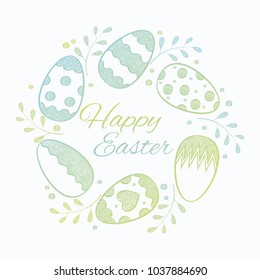 The concept of a greeting Easter card with textural elements: eggs, plants, hearts.Vector Image