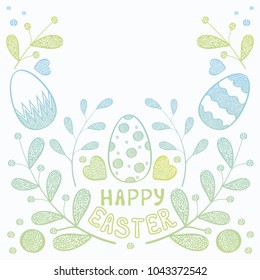 The concept of a greeting Easter card with textural elements: eggs, plants, hearts.Vector Image