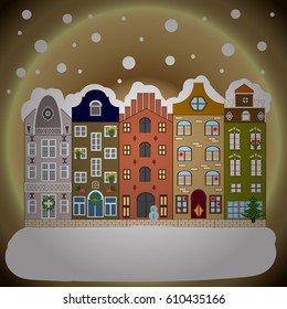 Concept for greeting or postal card. Christmas tree and snowman. Vector illustration. A house in a snowy Christmas landscape at night.