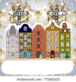 Concept for greeting or postal card. A house in a snowy Christmas landscape at night. Vector illustration. Christmas tree and snowman.
