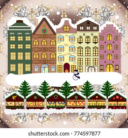 Concept for greeting or postal card. A house in a snowy Christmas landscape at night. Christmas tree and snowman. Vector illustration.