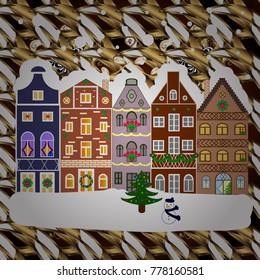 Concept for greeting or postal card. A house in a snowy Christmas landscape at night. Christmas tree and snowman. Vector illustration.