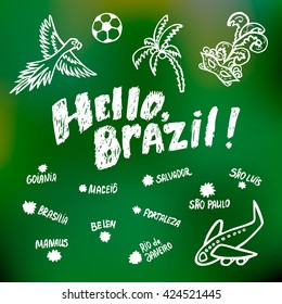 Concept of the greetings card with some Brazilian symbols and cities.