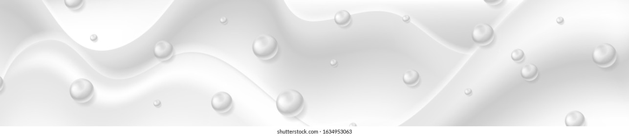 Concept grey banner design with smooth liquid waves and glossy beads. Abstract vector background