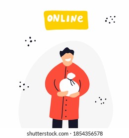 Concept for grocery online delivery service. Man  holding a cheese. Food delivery, internet shopping concepts. Vector hand drawn illustration
