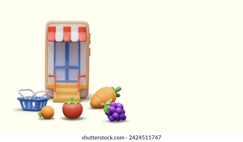 Concept of grocery shop application. Realistic smartphone with door and striped canopy, empty basket