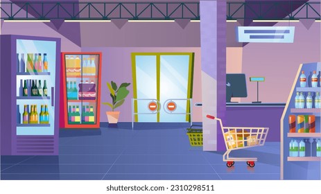 Concept Grocery store. A flat, cartoon design background featuring a grocery store, complete with shelves stocked with various food products and a checkout counter. Vector illustration.