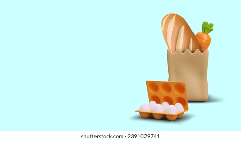 Concept for grocery store. Paper bag with bread, carrot, box of eggs. Natural ecological products. Vector composition on blue background. Home purchases