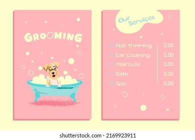 Concept of a grooming salon. Cartoon dog sitting in a bubble bath. Vector Illustration business card pricelist and special offer for pet grooming salon with dog and bubbles. Printable template a4 svg