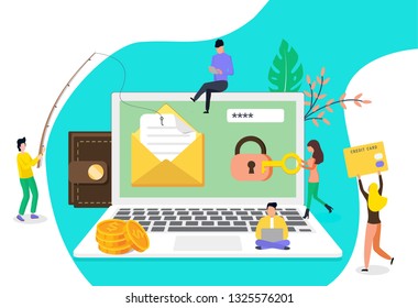 Concept group of hacker stealing data and doing phising via email, vector template background isolated with small peopl, it can be used for presentation, web design, banner ui ux, landing page, flyer.
