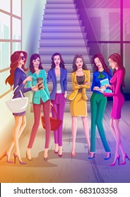 Concept of group of happy woman friends together having fun. Vector illustration