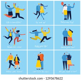 Concept of group of young people jumping on blue background, hugging coule in love. Stylish modern vector illustration cards with happy male and female teenagers and hand drawing motivative quotes