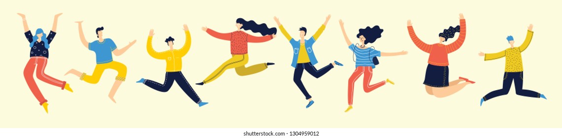 Concept Of Group Of Young People Jumping On Light Background. Stylish Modern Vector Illustration With Happy Male And Female Teenagers Enjoying The Life 