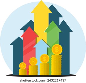 concepto de la cantidad creciente de dinero, flechas multicolores apuntando hacia arriba