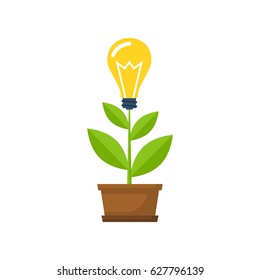 Concept growing idea. Growing sprout with a light bulb in the pot. Vector illustration flat design. Isolated on white background. Business metaphor.