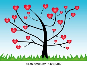 Concept a growing tree with hearts on branches against the blue sky