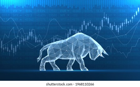 The concept of a growing trend in the global financial markets. Glass bull on the background of stock quotes. Stock market and business finance. Vector illustration background.