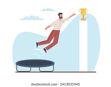 Concept of growth and achievement, businessman jumps on trampoline to get trophy. Success career and startup, way to progress in work, skills and development, vector cartoon flat illustration