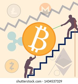 Concept of a growth of bitcoin prices. Background of cryptocurrency signs and two businessmen pushing a coin up a stairs. Modern vector template with illustration people - stock bulls, exchange trade.