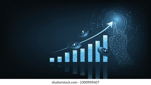 Concept of growth business on successful with graph icon up digital on dark blue background. growing graph icon from triangle line particle design low poly.	
