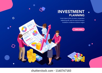 Concept Of Growth, Financial Partnership For Investment. Meeting Of Account Company To Increase Corporate Results. Report Concept With Characters And Text. Flat Isometric Images Vector Illustration.