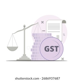 Conceito de pagamento GST e retornos de arquivo em 2D ilustração plana com documentos, gráficos, moedas e calculadora
