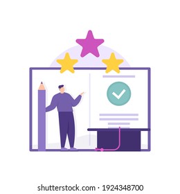 a concept guide for making or compiling a journal book or thesis that is correct. book creation services. illustration of a man holding a pencil and standing in front of a large book. vektor design
