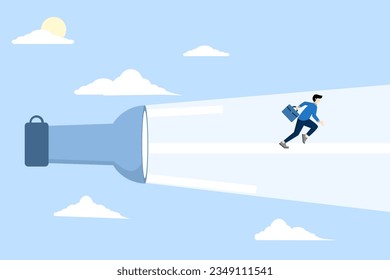 concept of guiding business direction, career path or solution to reach goal, guidance, help and support of manager, find way, confident entrepreneur walking forward with flashlight.