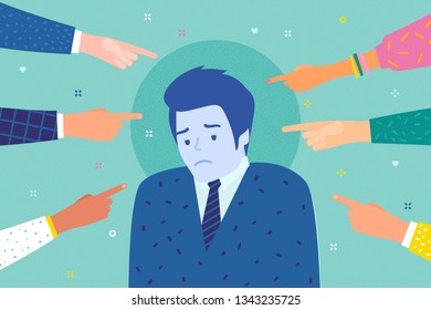 Concept of guilt, public censure and victim blaming. Sad or depressed man surrounded by hands with index fingers pointing at her. Flat design, vector illustration.
