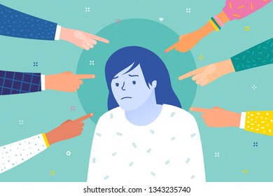 Concept of guilt, public censure and victim blaming. Sad or depressed woman surrounded by hands with index fingers pointing at her. Flat design, vector illustration.