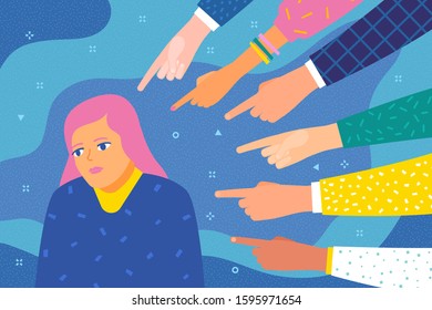 Concept of guilt, public censure and victim blaming. Sad or depressed woman surrounded by hands with index fingers pointing at her. Flat design, vector illustration.