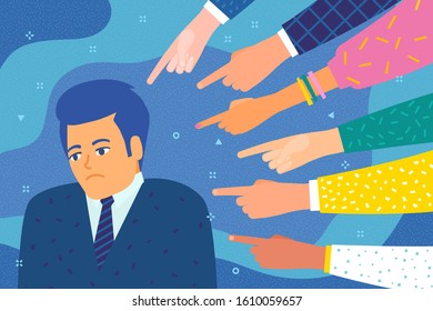 Concept of guilt, public censure and victim blaming. Sad or depressed man surrounded by hands with index fingers pointing at him. Flat design, vector illustration.