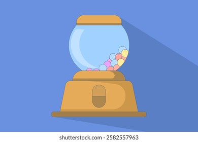 Concept of gum vending machine casting long shadow. Gum machine. Gum machine shaped like cartoon gum dispenser. Flat vector illustration on background.