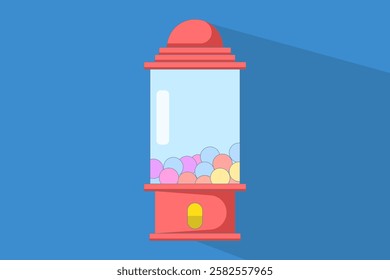 Concept of gum vending machine casting long shadow. Gum machine. Gum machine shaped like cartoon gum dispenser. Flat vector illustration on background.