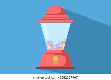 Concept of gum vending machine casting long shadow. Gum machine. Gum machine shaped like cartoon gum dispenser. Flat vector illustration on background.