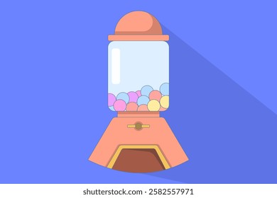 Concept of gum vending machine casting long shadow. Gum machine. Gum machine shaped like cartoon gum dispenser. Flat vector illustration on background.