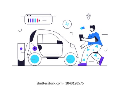 Concepto: Un tipo se acerca a un auto eléctrico