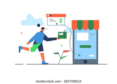 Un mensajero de tipo conceptual entrega productos pedidos a través de una tienda móvil