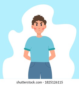 El sujeto de concepto de fondo azul y blanco expresa indignación. Un niño con una camiseta azul y jeans azules escondió sus manos detrás de la espalda. La cara de la persona está disgustada.
