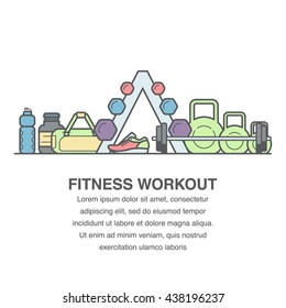 Concept of gym banner or fitness advertisement with dumb bells,sport bag, sneakers, protein bottle, sport bottle and barbell.