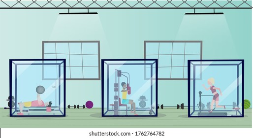 a concept of gymnasium under covid19 regulations, including seperate glass chambers for every person wth sanitization.