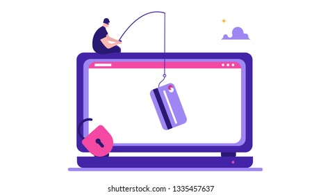 Concept of hacker attack, fraud investigation, internet phishing attack, evil win, personal privacy data, hacking and stealing email and money with tiny people. Vector illustration in flat design