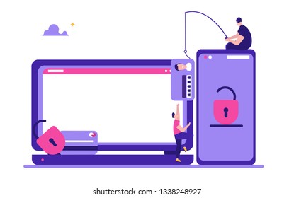 Concept of hacker attack, fraud investigation, internet phishing attack, evil win, personal privacy data, hacking and stealing email and money with tiny people. Vector illustration in flat design