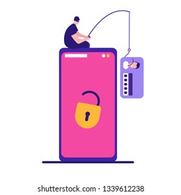 Concepto de ataque de hackers, investigación de fraude, ataque de phishing de internet, maldad, datos de privacidad personal, hackeo y robo de correo electrónico y dinero con personas pequeñas. Ilustración de vectores en diseño plano