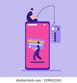 Concept of hacker attack, fraud investigation, internet phishing attack, evil win, personal privacy data, hacking and stealing email and money with tiny people. Vector illustration in flat design