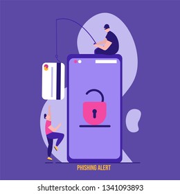 Concept of hacker attack, fraud investigation, internet phishing attack, evil win, personal privacy data, hacking and stealing email and money with tiny people. Vector illustration in flat design