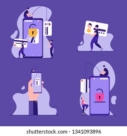 Concept of hacker attack, fraud investigation, internet phishing attack, evil win, personal privacy data, hacking and stealing email and money with tiny people. Vector illustration in flat design